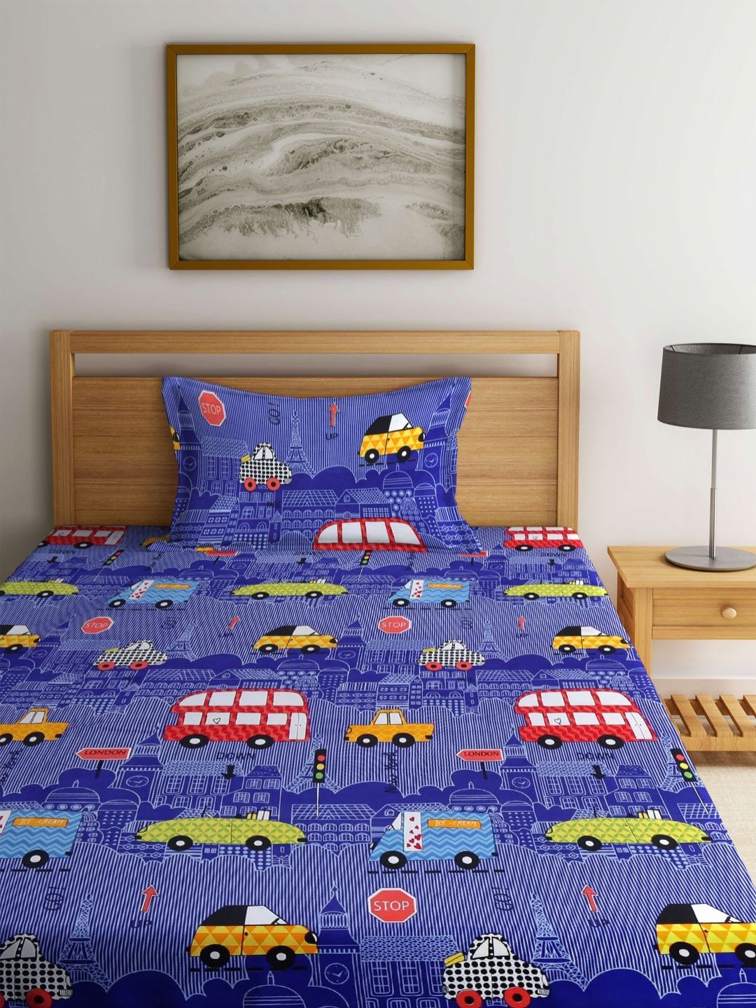 Myntra Elegant Homes Blue Graphic Polycotton 300 TC Single Cadar Halus dengan Sarung Bantal-79 x 59 inci
