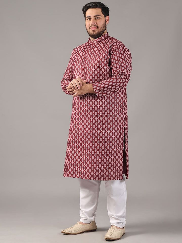 SOJANYA PLUS Plus Size Lelaki Motif Etnik Bercetak Kolar Jalur Kurta Lurus Dengan Piyama