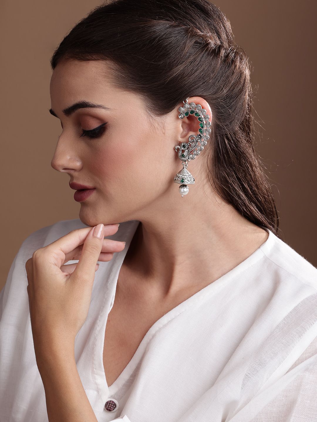 PANASH Silver Plated Peacock Shaped Oxidized Ear Cuffs Jhumka Earrings