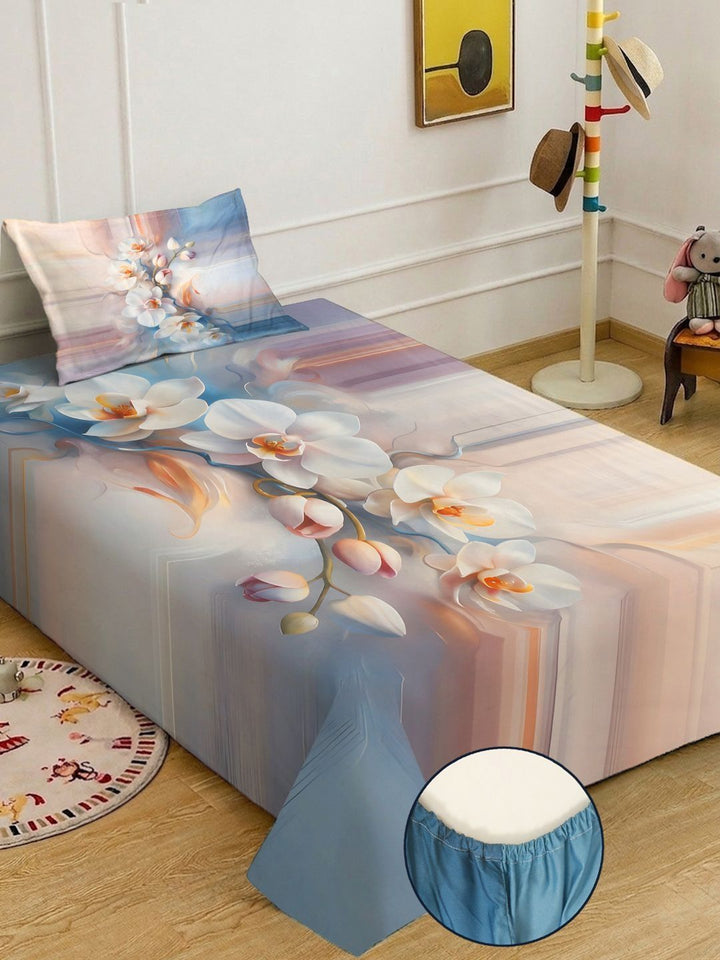 KLOTTHE Multicoloured Floral Fitted 400 TC Single 7D Bedsheet With 1 Pillow Covers
