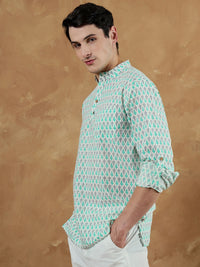 Dennison Men Motif Etnik Putih & Biru Dicetak Kurta