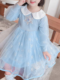YK Girls Frozen Self Design Peter Pan Collar Fit & Flare Dress