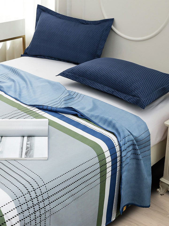Story@home Blue & White Striped 240 TC Satin Finish Queen Bedsheet Set