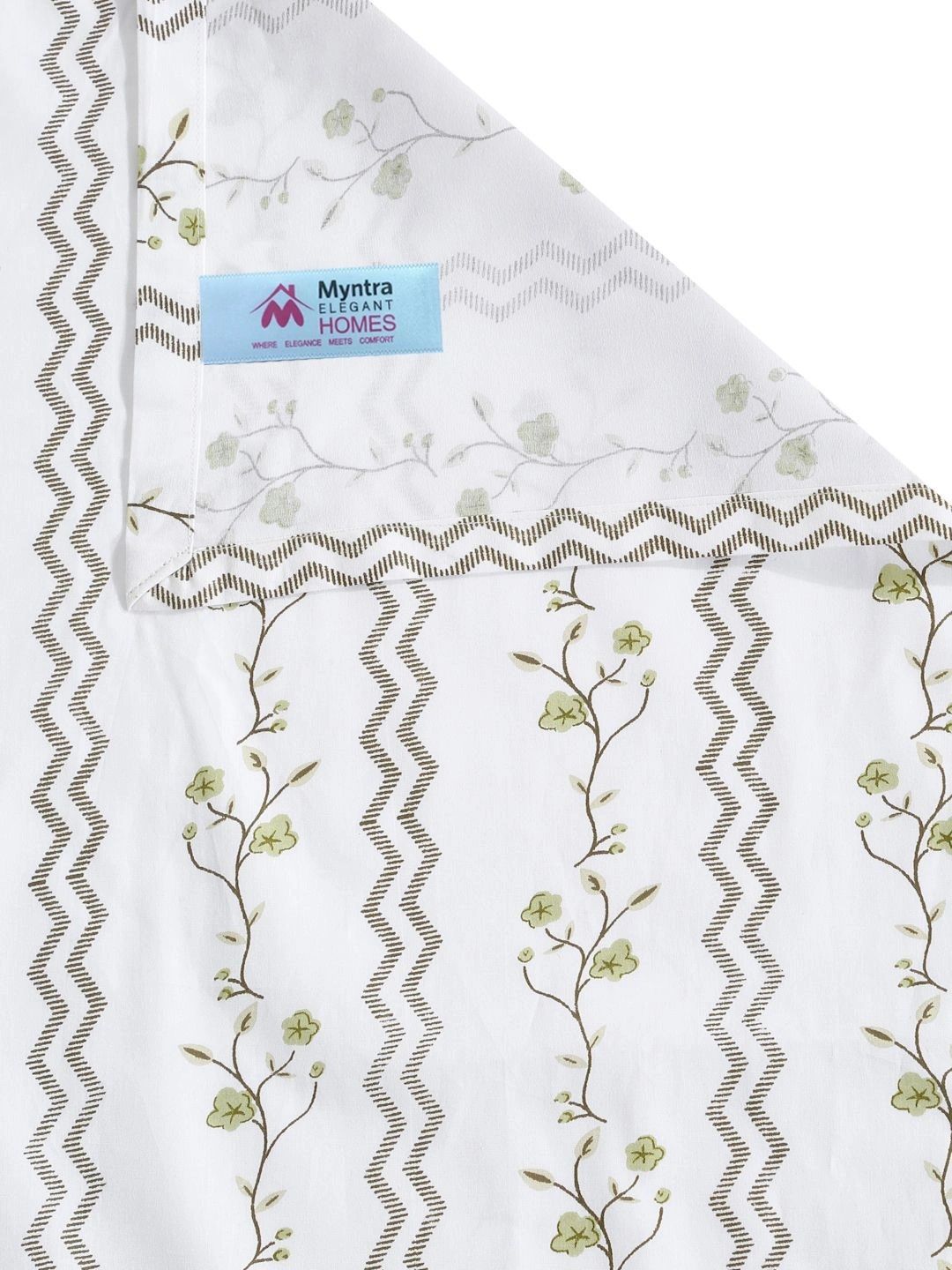 Myntra Elegant Homes White & Green Floral 400 TC Bedsheet with 2 Pillow Covers