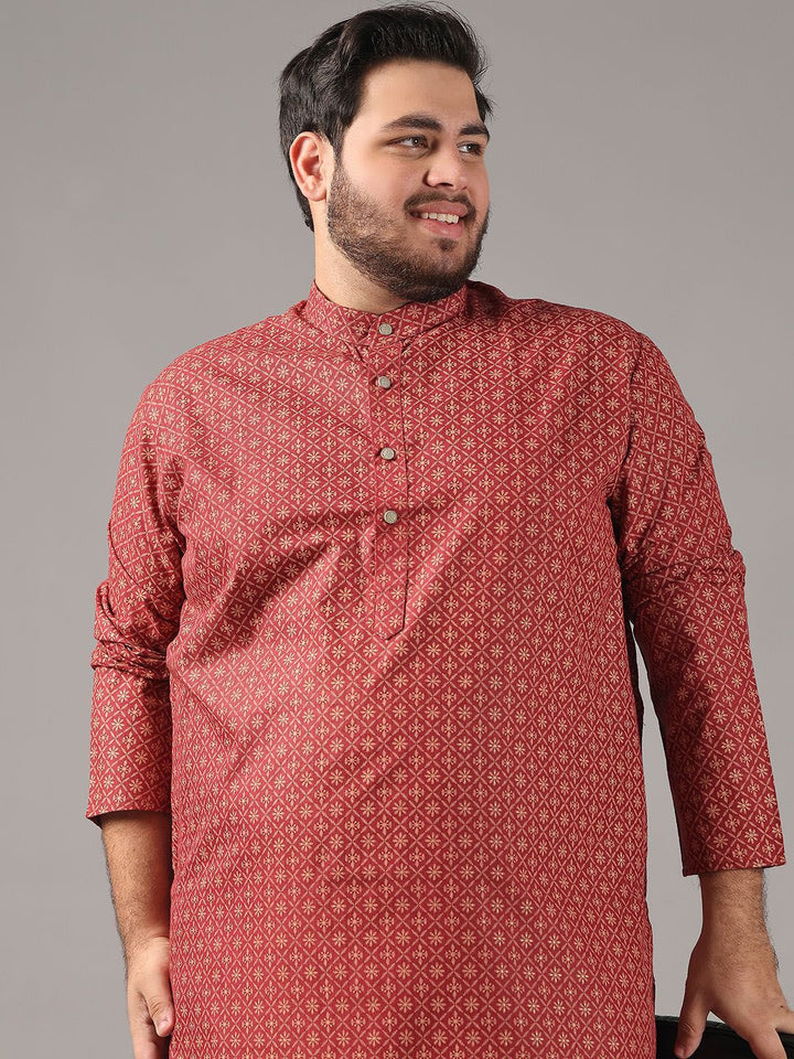 SOJANYA PLUS Size Floral Foil Printed Band Collar Cotton Linen Kurta Lurus