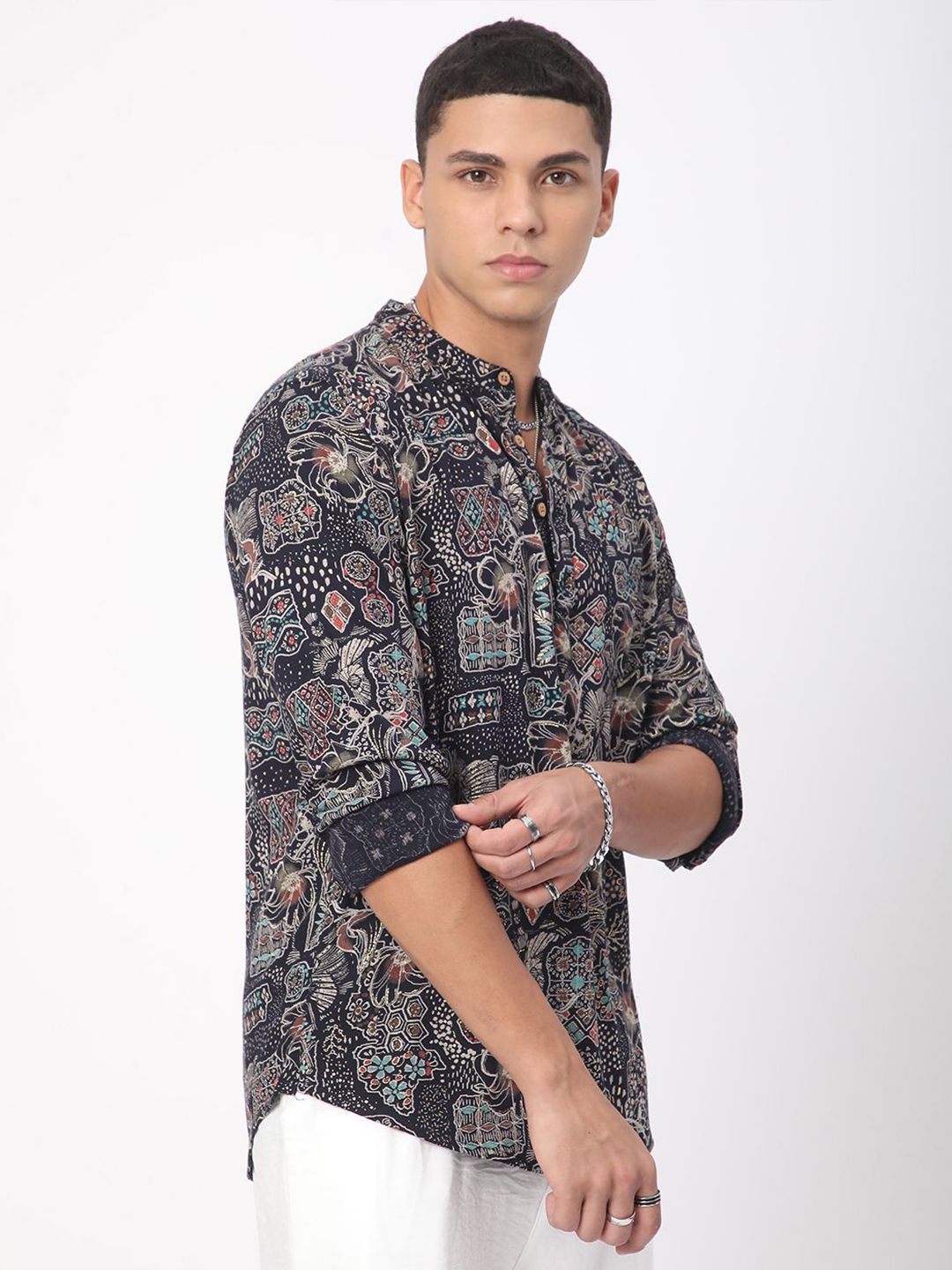 VASTRADO Picturesque Abstract Printed Band Collar Straight Kurta