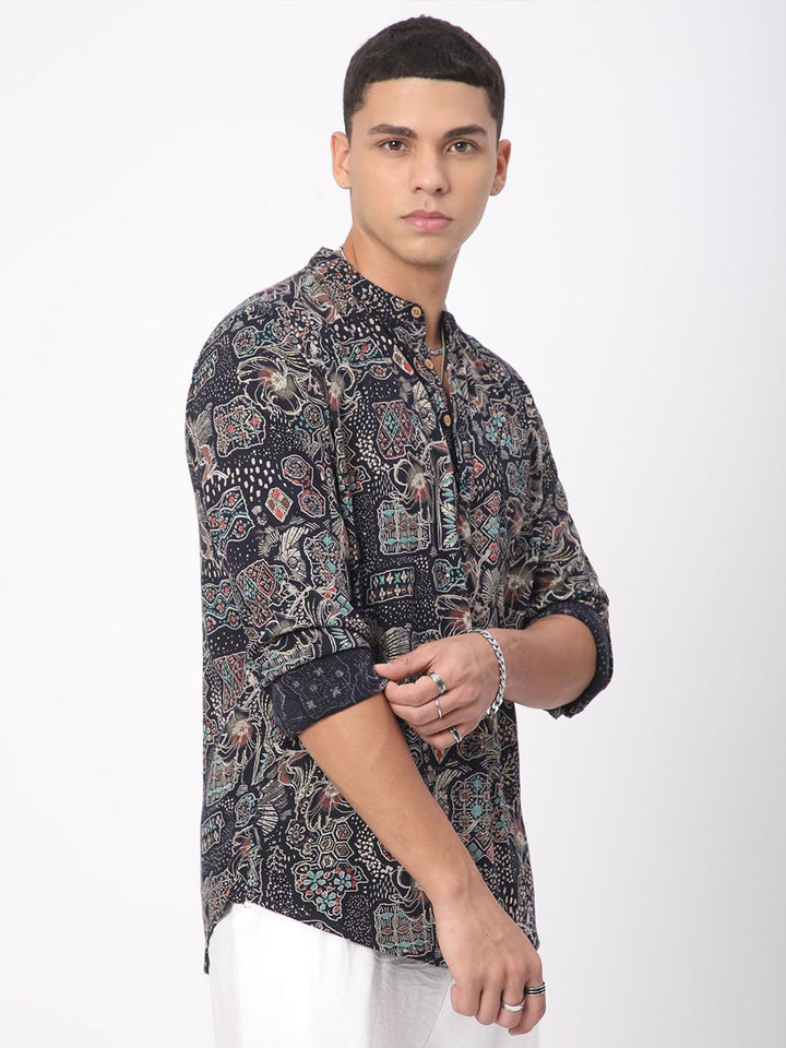 VASTRADO Picturesque Abstract Printed Band Collar Straight Kurta