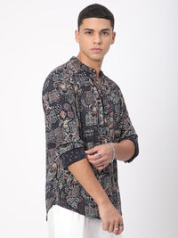 VASTRADO Picturesque Abstract Printed Band Collar Straight Kurta