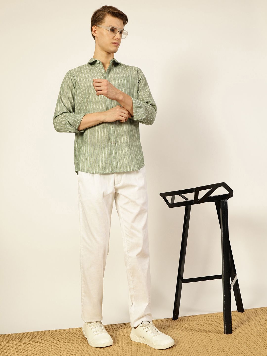 Thomas Scott Men Premium Vertical Striped Linen Slim Fit Casual Shirt