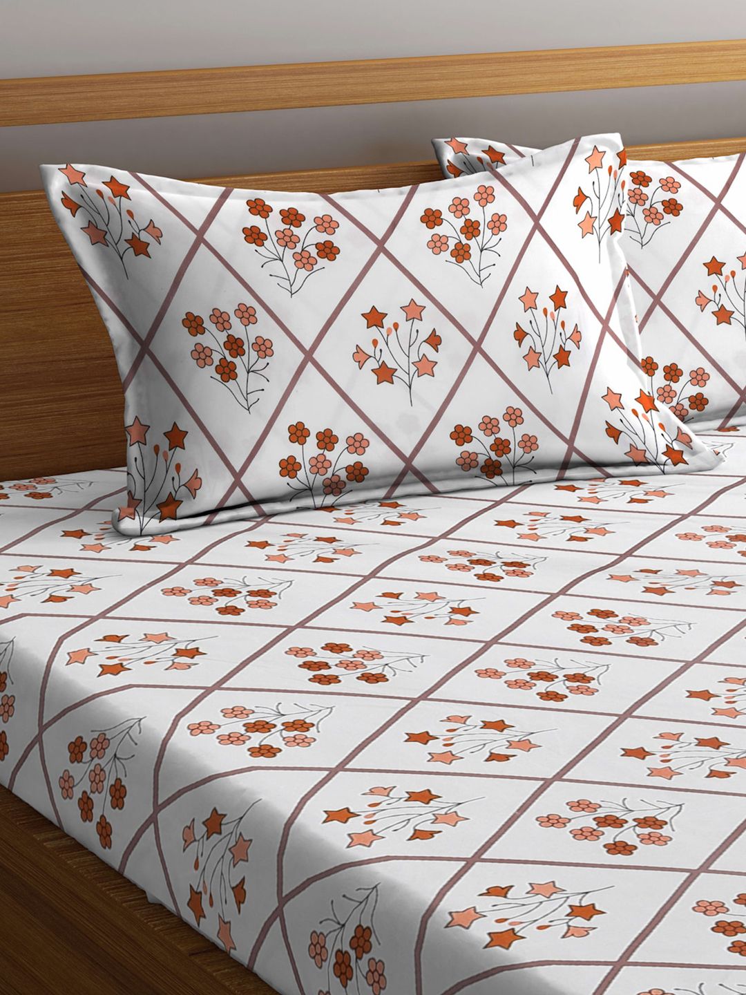 KLOTTHE White Floral Cotton 300 TC King Cadar Halus dengan 2 Sarung Bantal-98 x 89 inci