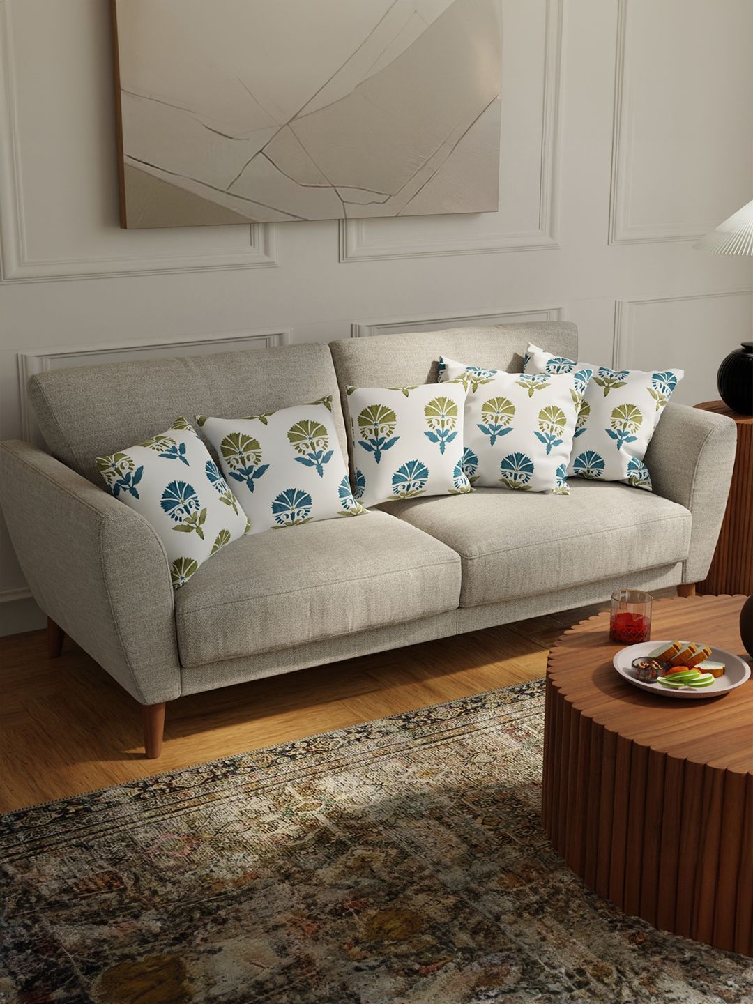 URBAN SPACE White & Blue 5 Pieces Floral Printed Cotton Square Cushion Covers