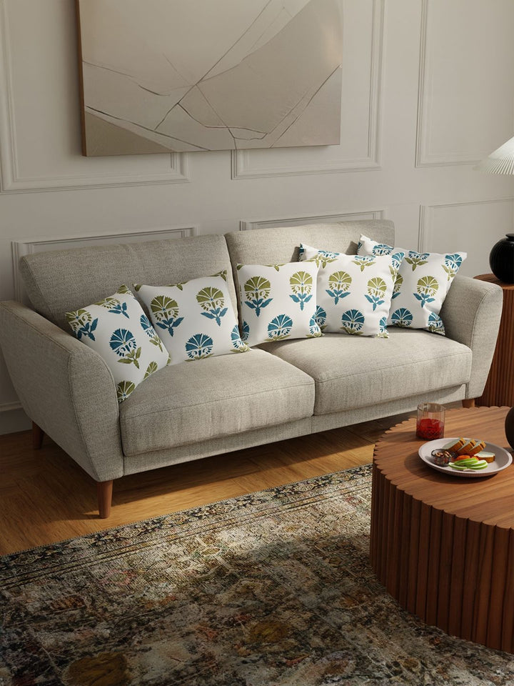 URBAN SPACE White & Blue 5 Pieces Floral Printed Cotton Square Cushion Covers