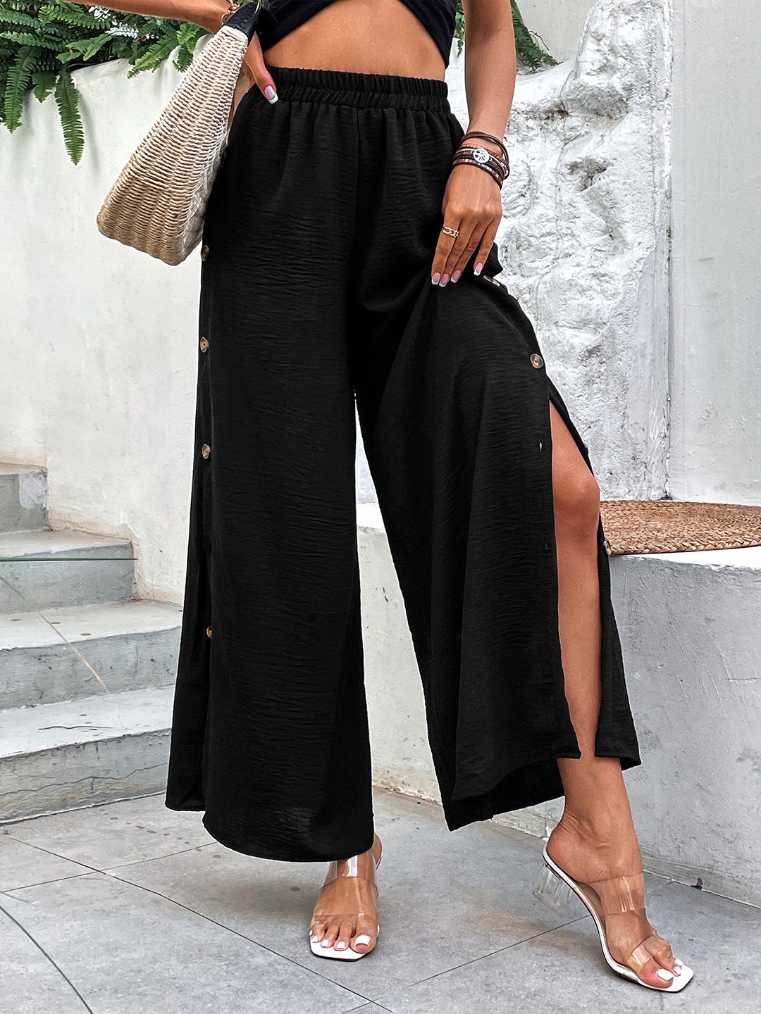 DressBerry Women Side Slits Buttoned Detail Flared Trousers