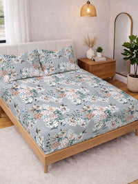 KLOTTHE Grey & Peach Printed 300 TC Double Bedsheet Dengan 2 Sarung Bantal- 2.5 m x 2.25 m