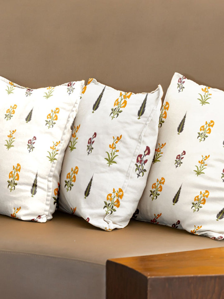 URBAN SPACE White & Yellow 3 Pieces Floral Printed Cotton Square Cushion Covers