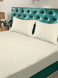 Aura Beige & White Geometric Printed 300 TC Fitted King Bedsheet Set 2.5 x 2.25 m