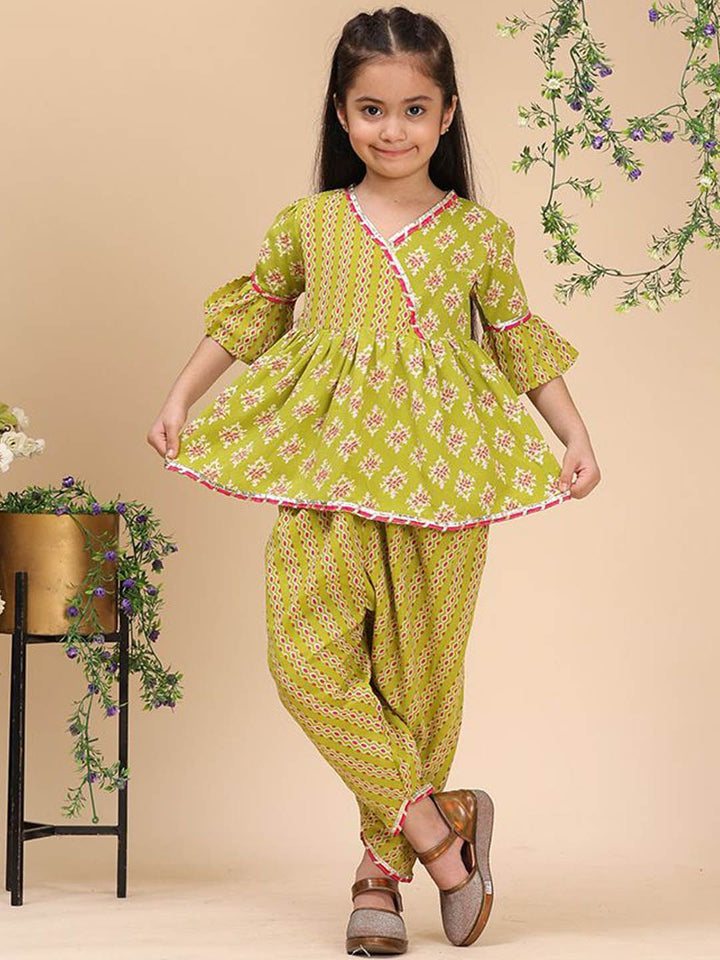 Cutiekins Girls Ethnic Motifs Printed Angrakha Gotta Patti Kurta with Dhoti Pants