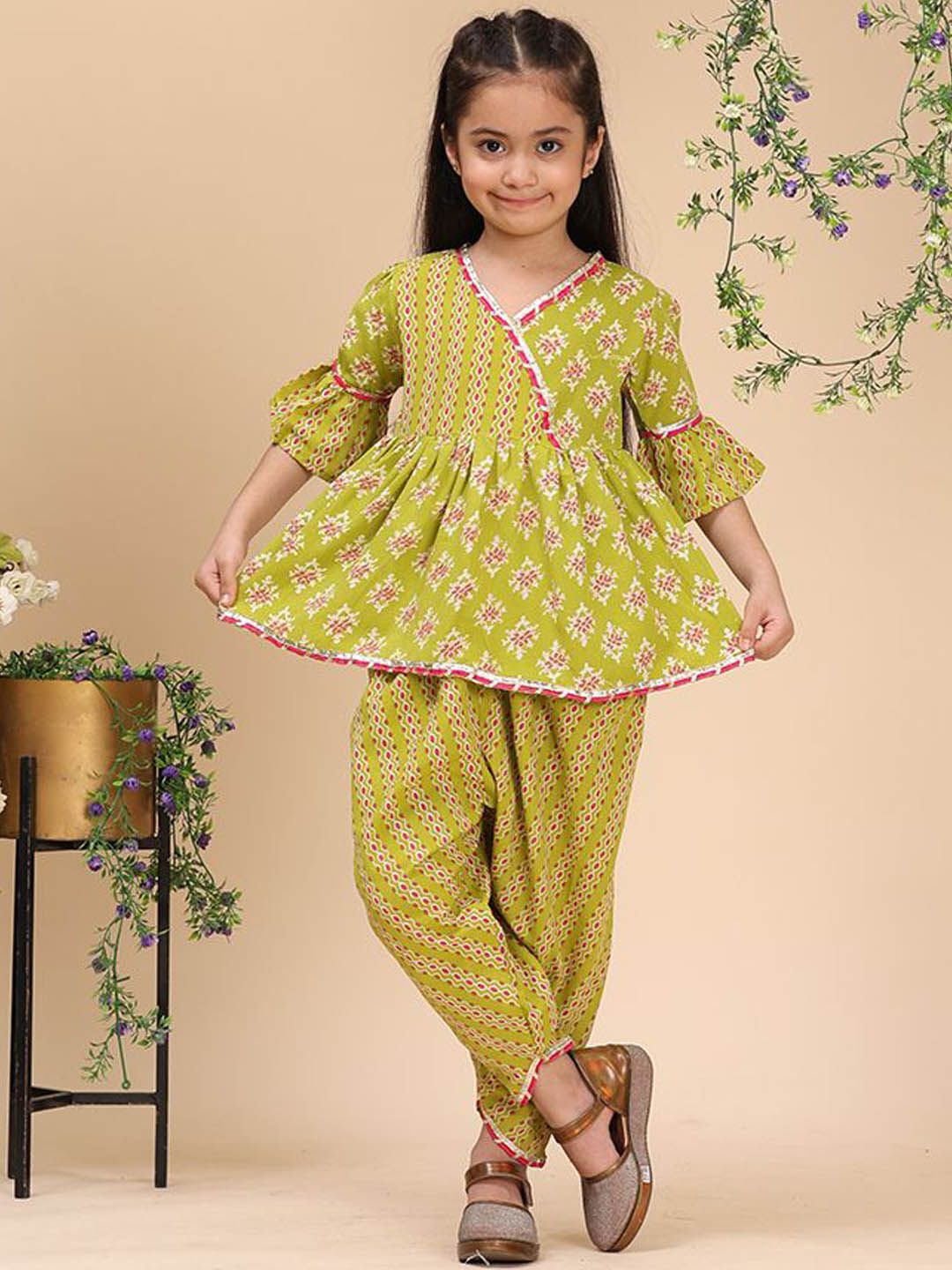 Cutiekins Girls Ethnic Motifs Printed Angrakha Gotta Patti Kurta with Dhoti Pants