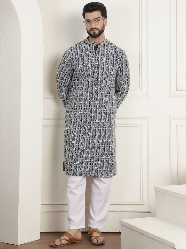 Anouk Charcoal Grey Ethnic Motifs Embroidered Thread Work Pure Cotton Straight Kurta