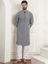 Motif Etnik Anouk Arang Kelabu Bersulam Benang Bersulam Kurta Lurus Kapas Tulen