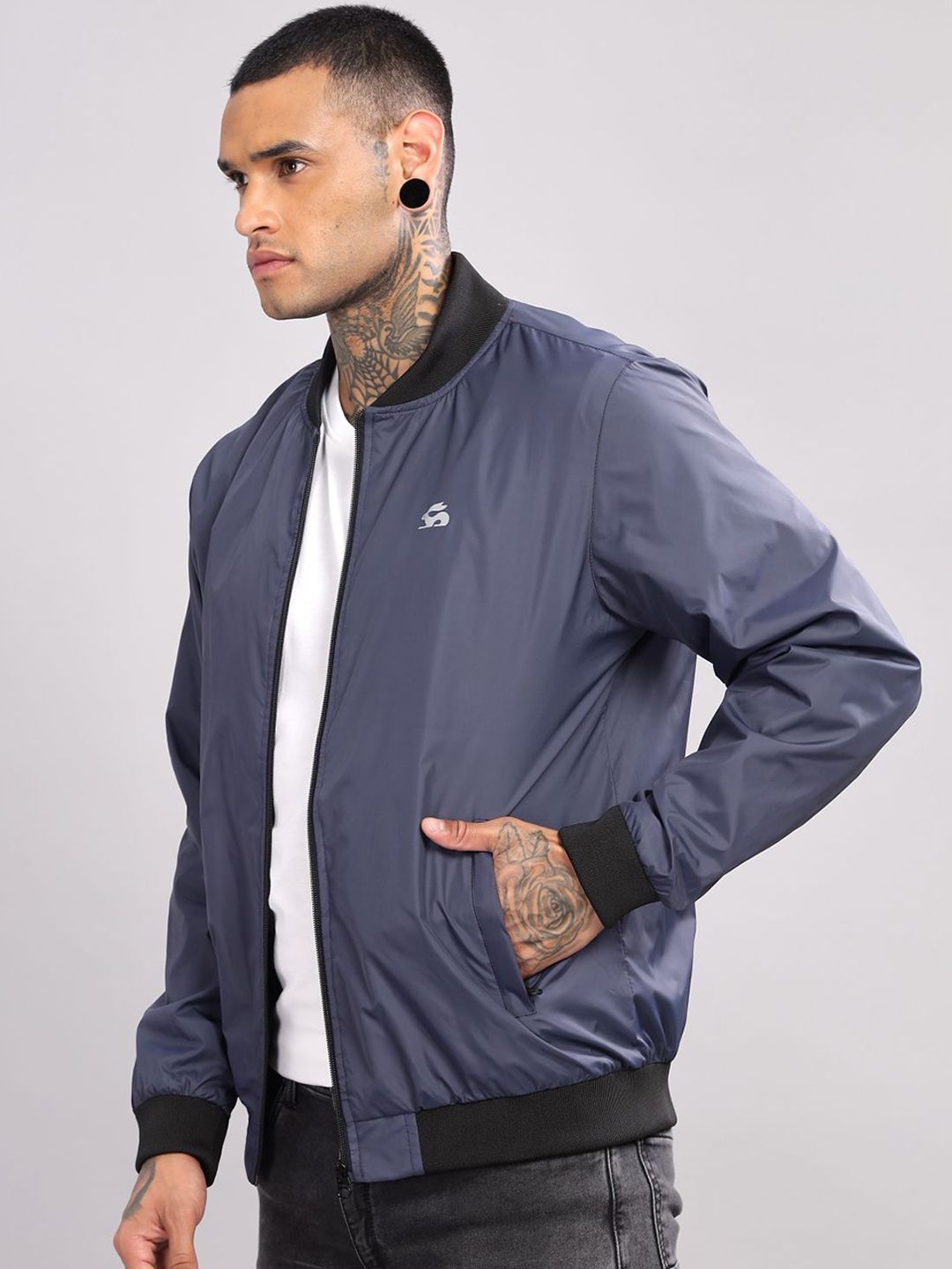ADRO Men Stand Collar Solid Casual Bomber Jacket