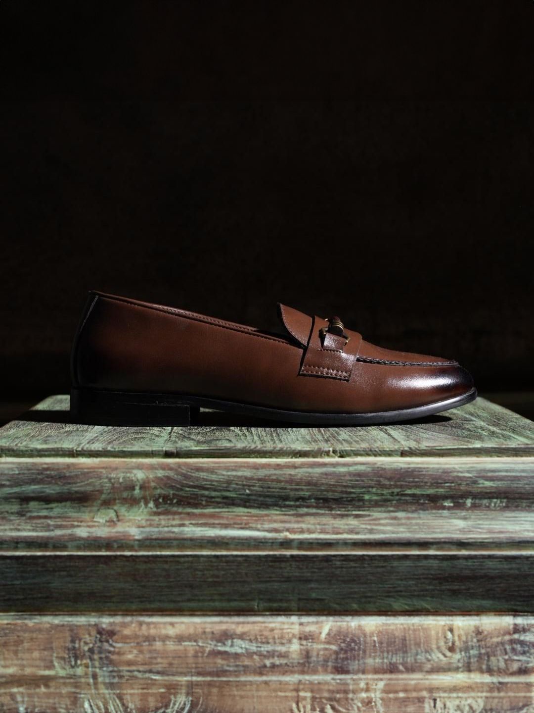 Monkstory Men Jalinan-Bit Horsebit Loafers Berwarna Perang