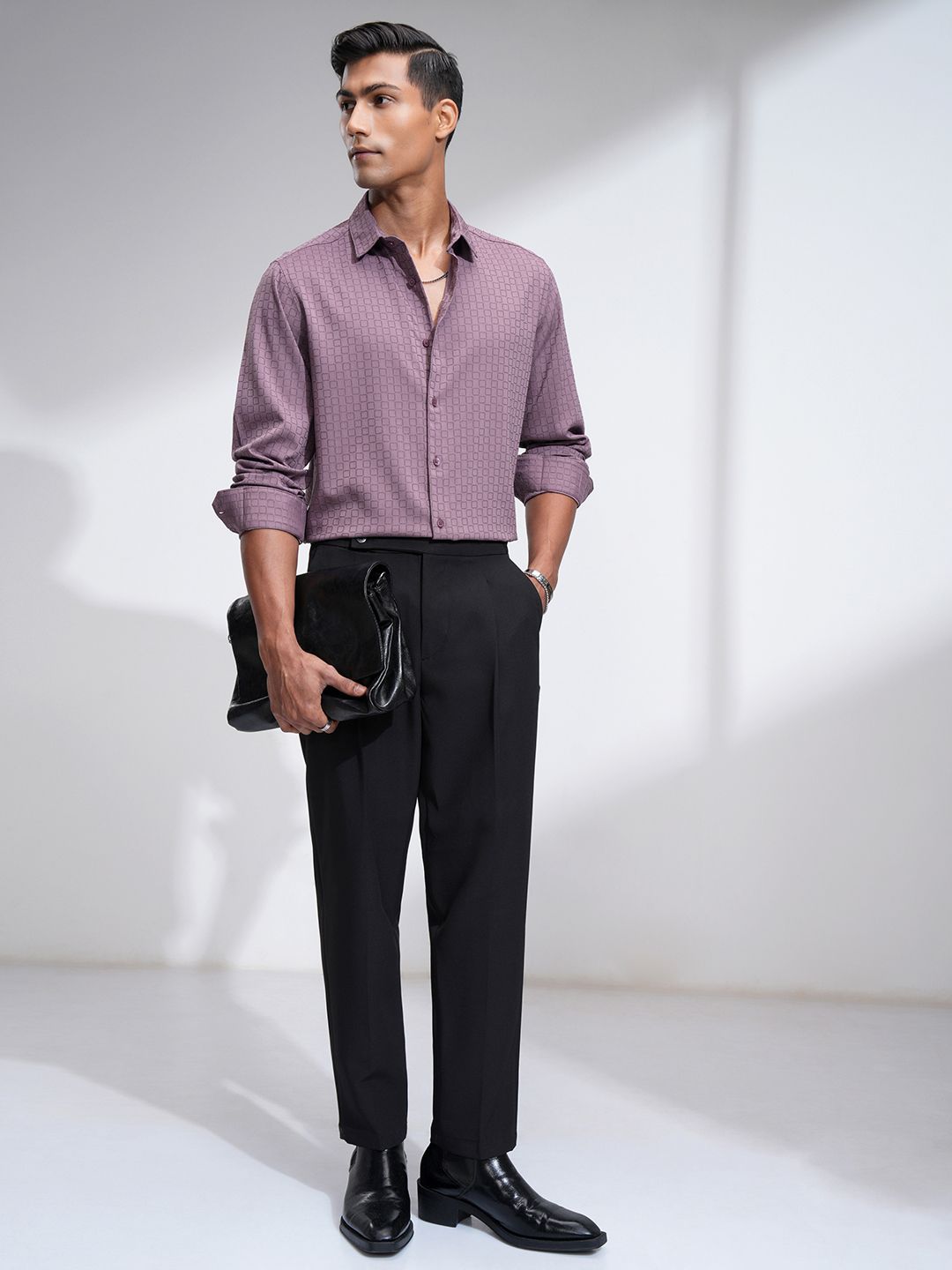 HIGHLANDER Men Slim Fit Spread Collar Textured Solid Casual Shirt