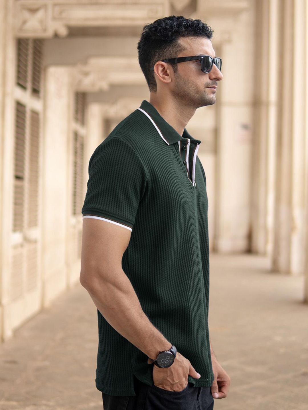 Powerlook Men Green Self Design Structured Polo Collar T-shirt