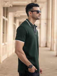 Powerlook Men Green Self Design Structured Polo Collar T-shirt