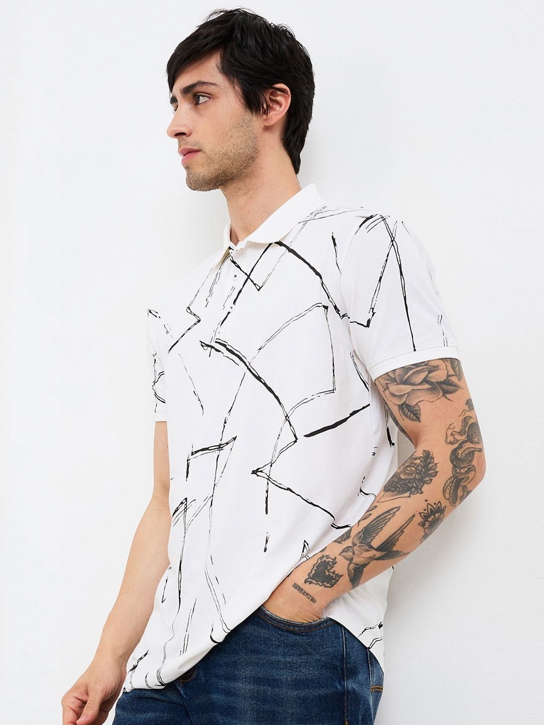 SPYKAR Men Abstract Printed Polo Collar Cotton Slim Fit T-shirt