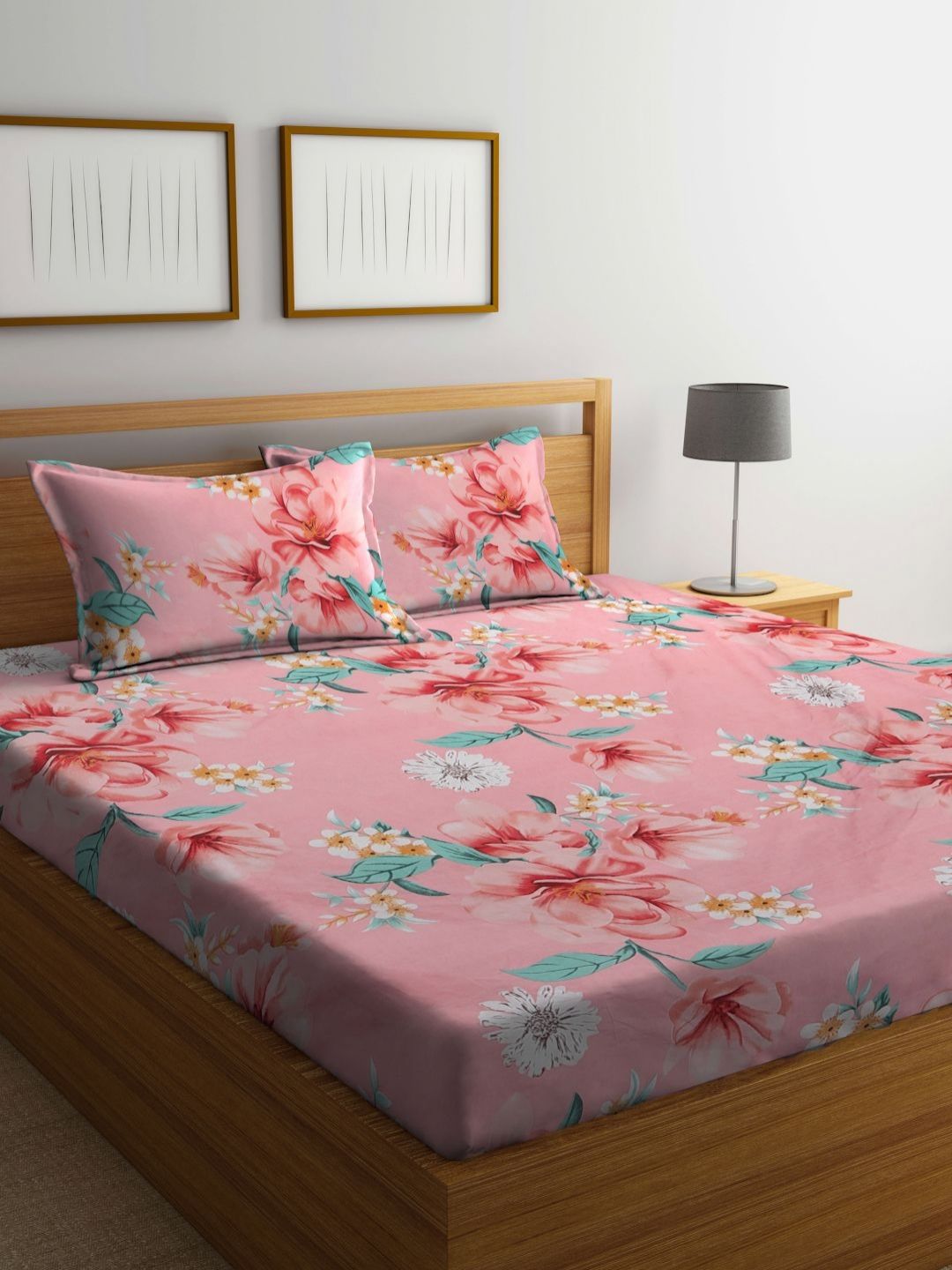 Myntra Elegant Homes Pink Floral Printed 300 TC Fitted Set Cadar Katil Double 2.5 m X 2.2 m