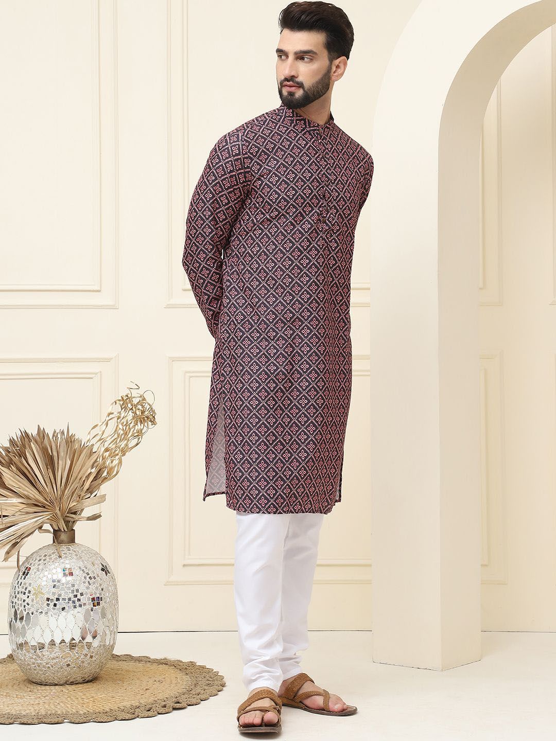 SOJANYA Floral Printed Mandarin Collar Pure Cotton Straight Kurta dengan Piyama