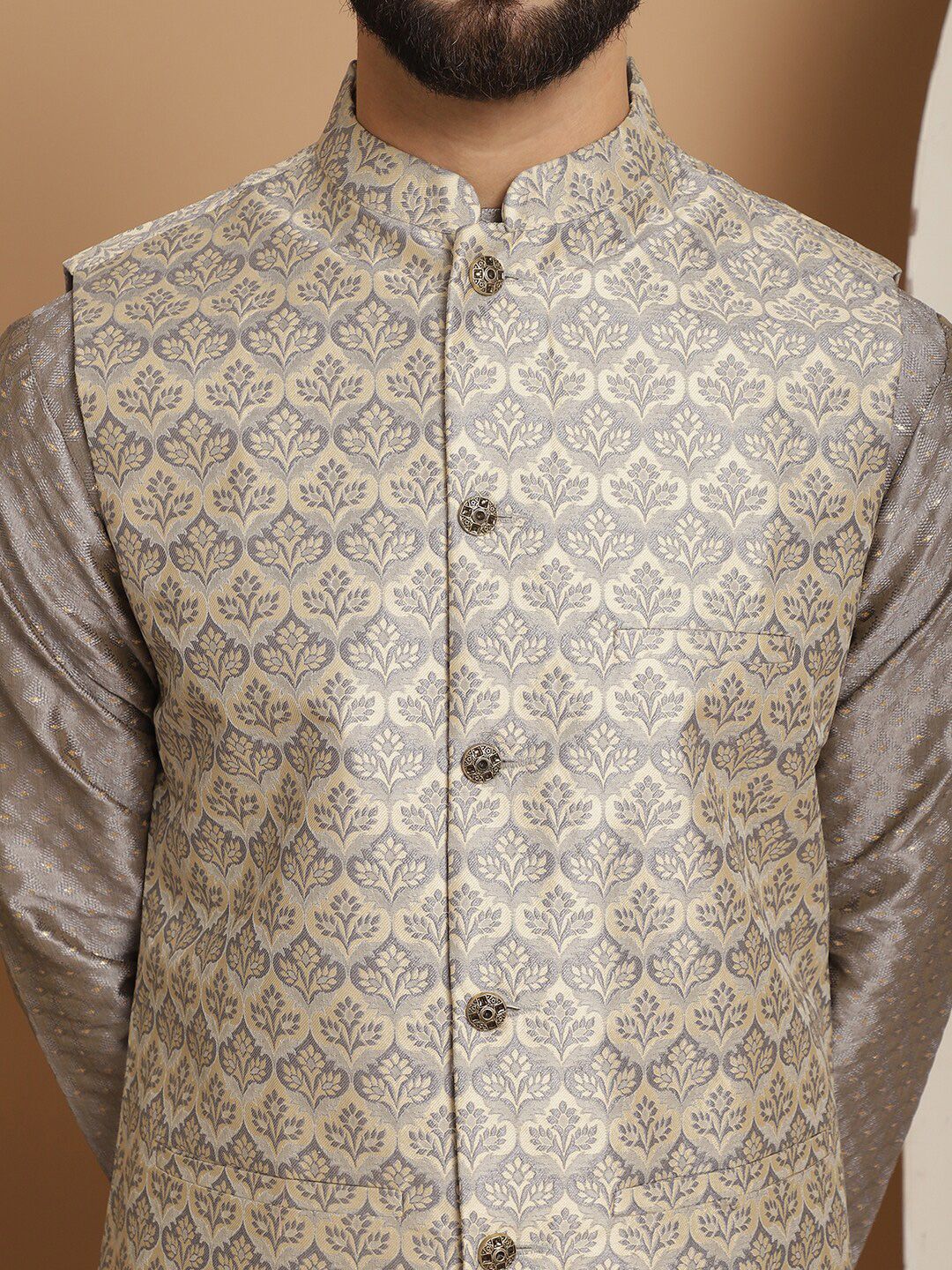 Anouk Mandarin Collar Knee Length Regular Embroidered Kurta with Churidar