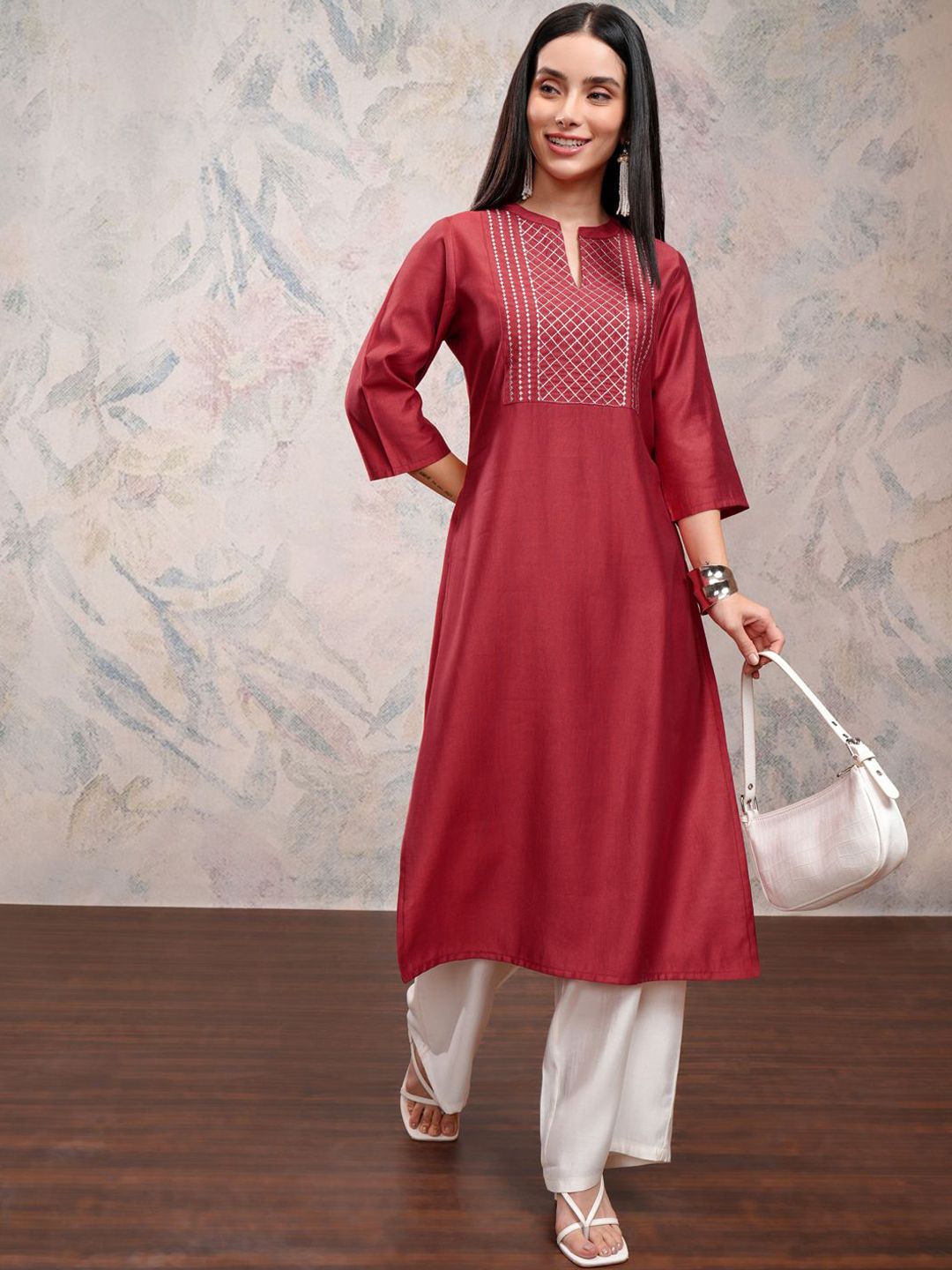 Vishudh Red Floral Woven Design Three-Quarter Sleeves Zari Kurta