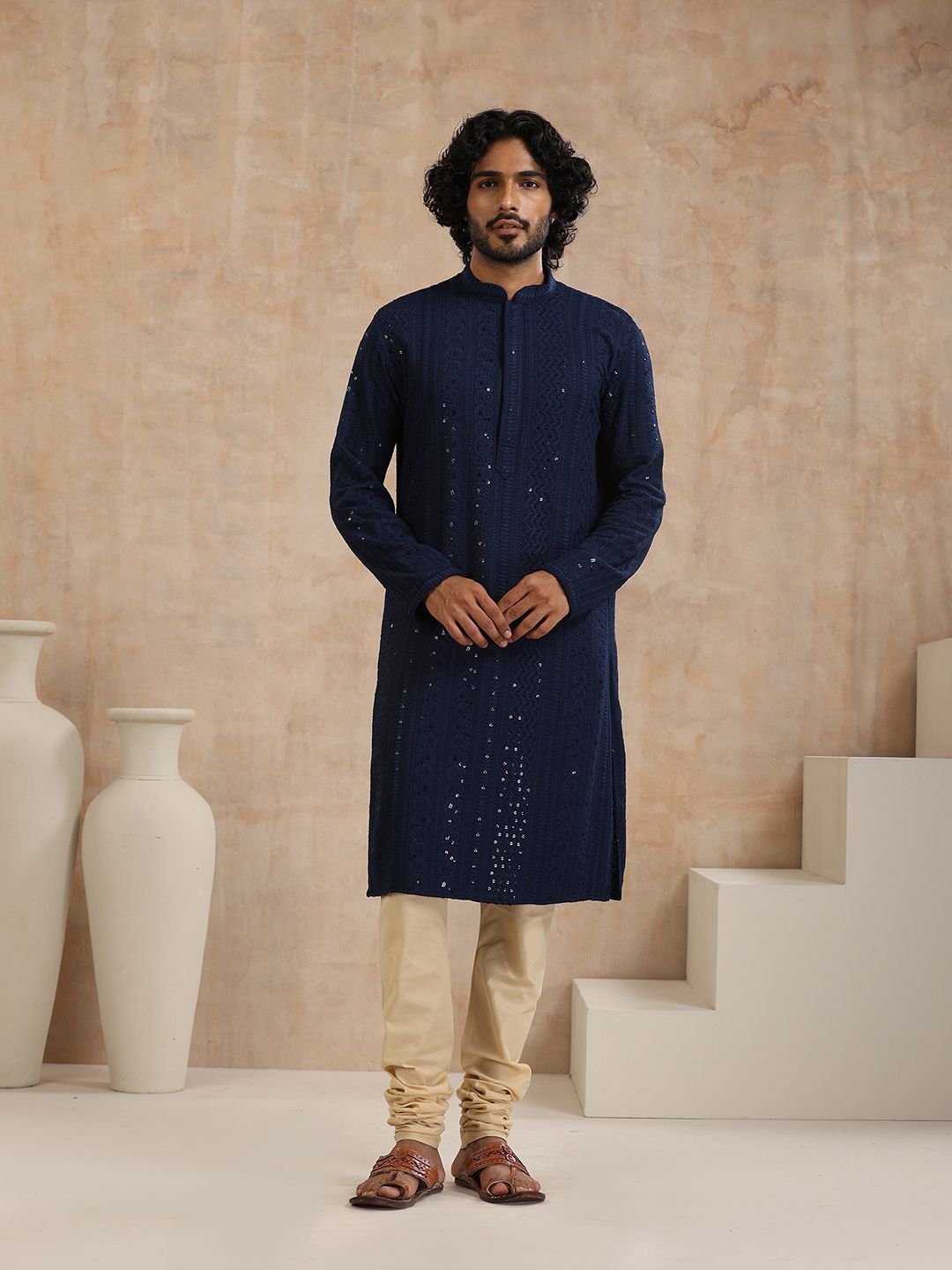 House of Chikankari Men Navy Blue Rayon Embroidered Kurta