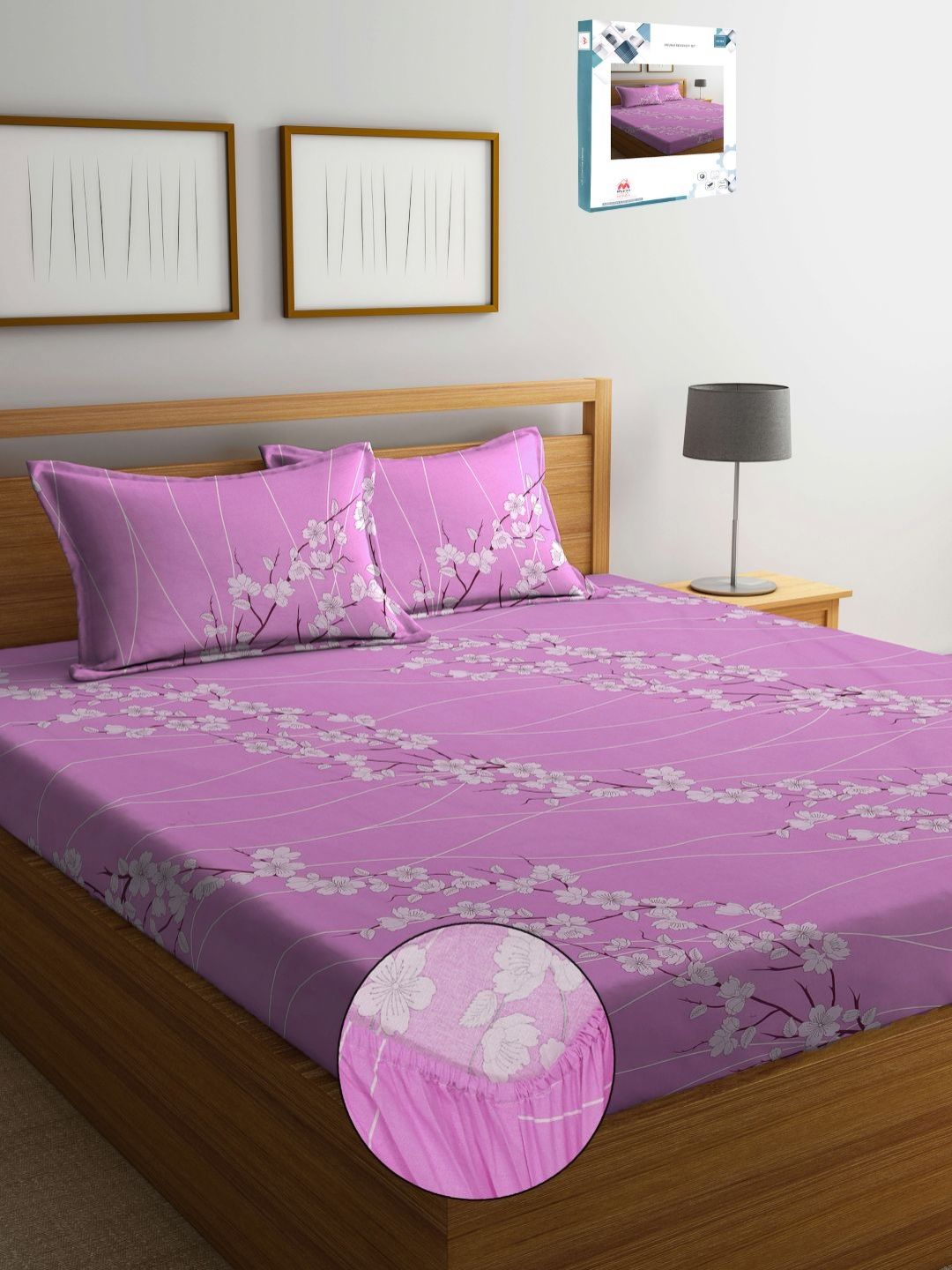 Myntra Elegant Homes Mauve Floral Pure Cotton 400 TC Fitted King Superfine Bedsheet with 2 Pillow Covers-98 x 89 inches