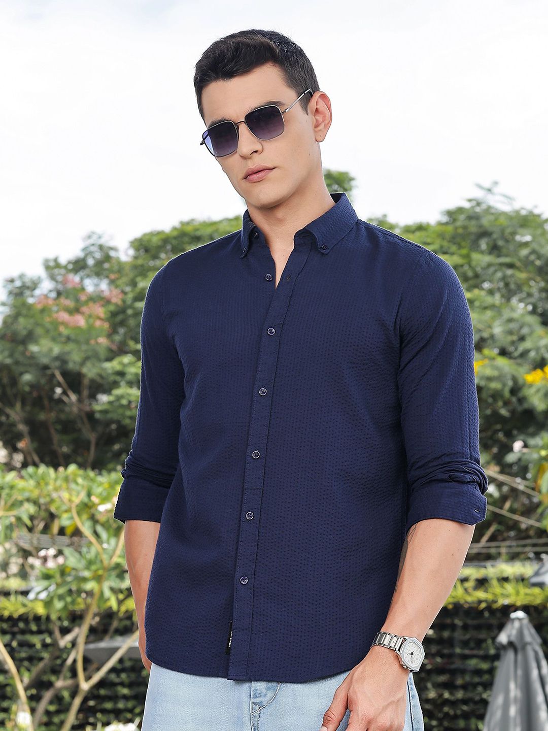 Thomas Scott Premium Seersucker Button-Down Collar Cotton Shirt