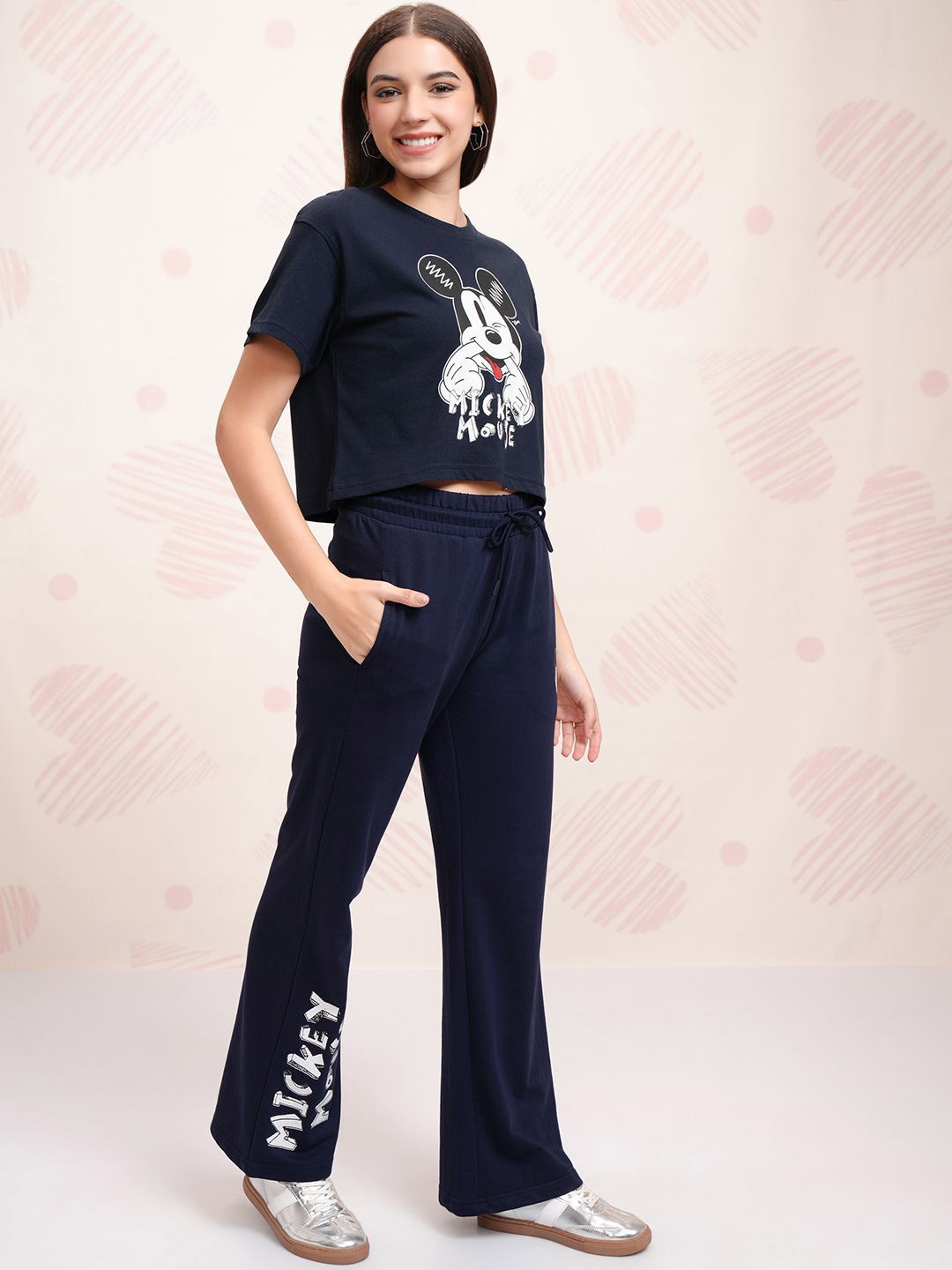 Tokyo Talkies Navy Blue Disney Mickey Mouse Printed Pure Cotton T Shirt With Trouser