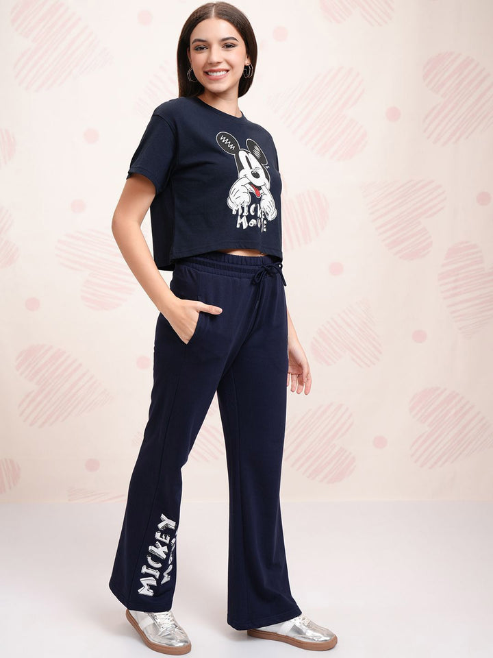 Tokyo Talkies Navy Blue Disney Mickey Mouse Printed Pure Cotton T Shirt With Trouser