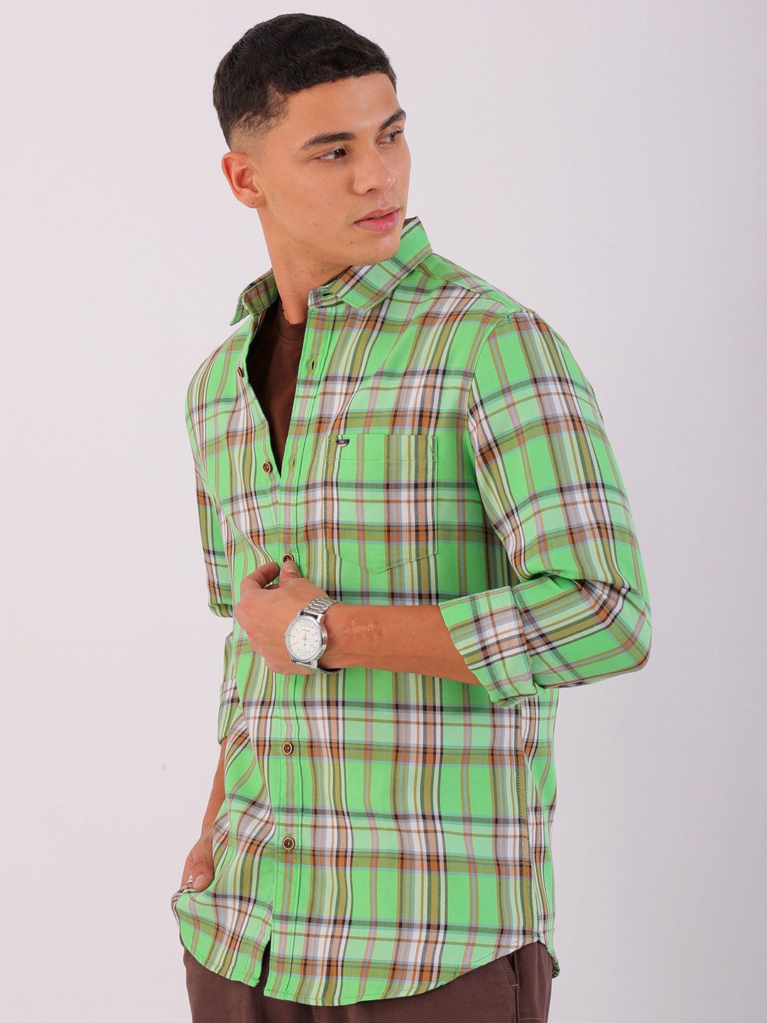 The Indian Garage Co Men Spread Collar Tartan Checks Checked Cotton Slim Fit Casual Shirt