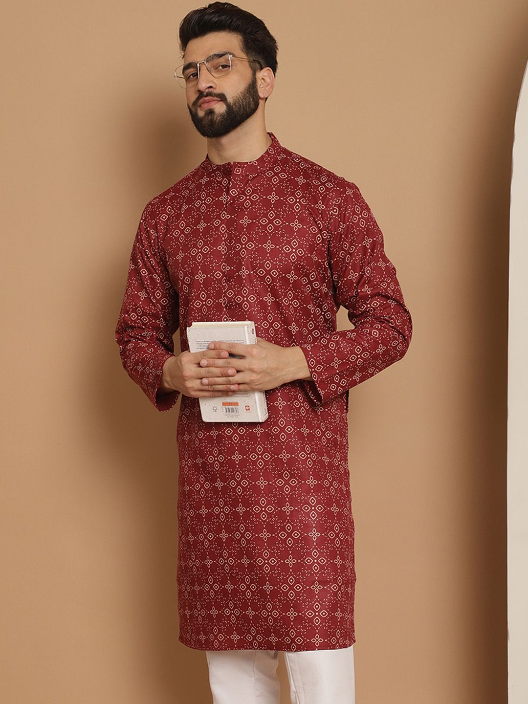 Anouk Men Maroon Geometric Printed Thread Work Pathani Kurta