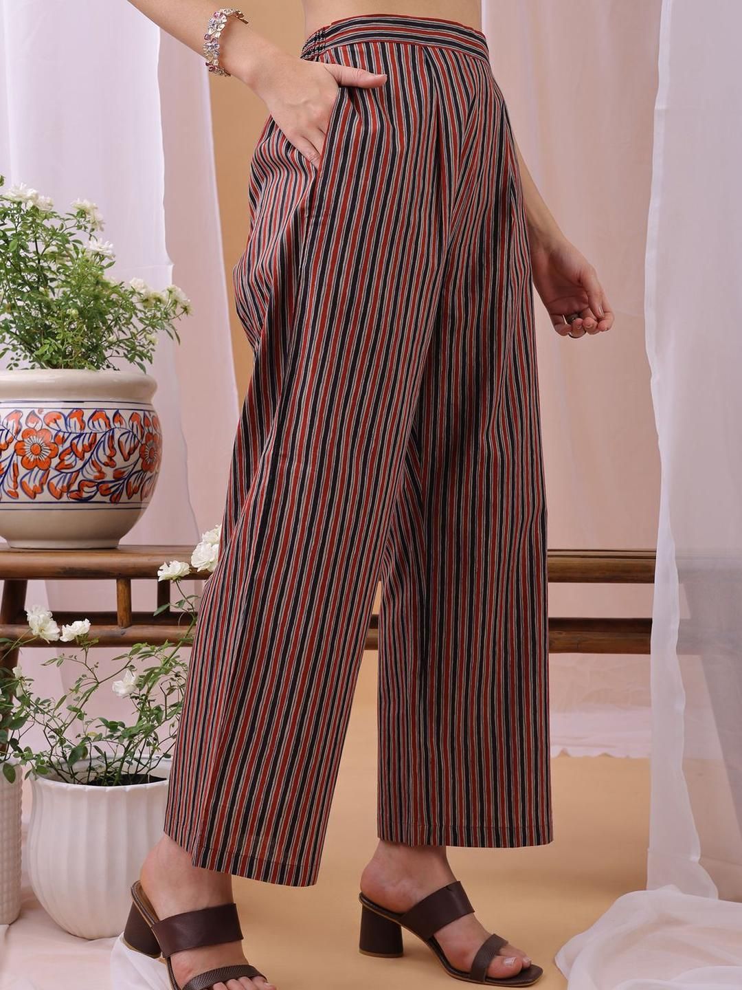 KALINI Women Printed Striped Pure Cotton Kurta with Palazzo