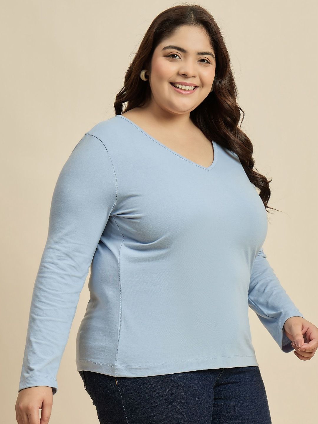 CURVY STREET Solid V-Neck Pure Cotton Plus Size T-shirt