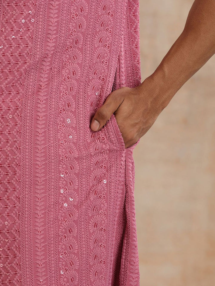 House of Chikankari Men Mauve Rayon Sulam Kurta
