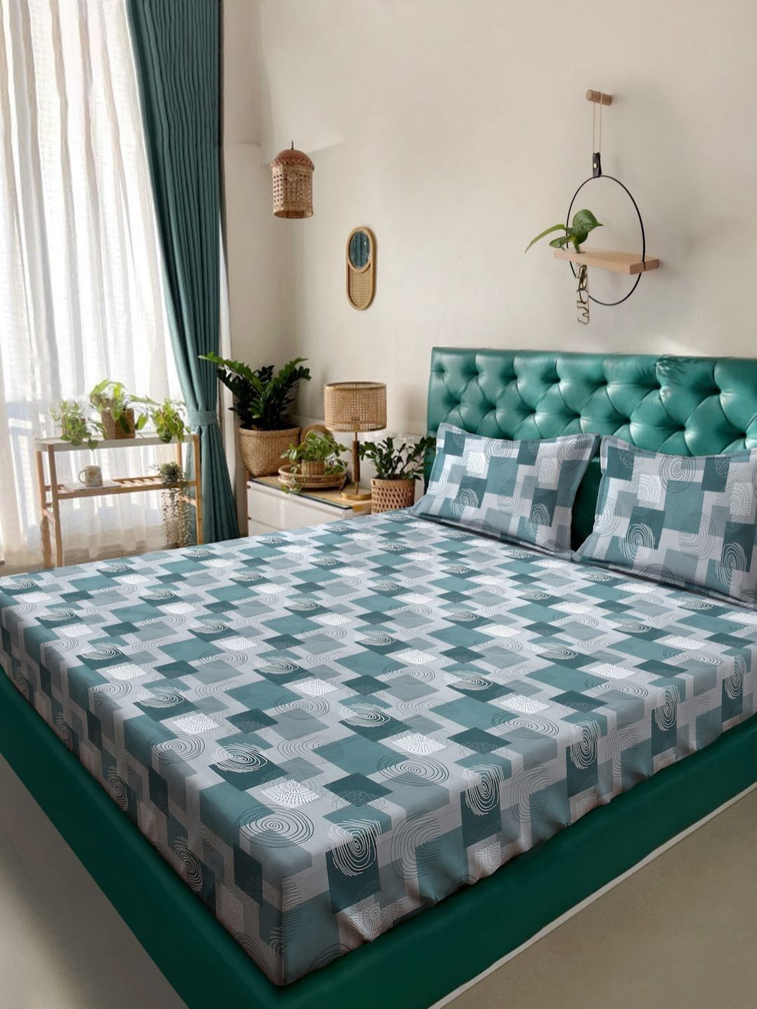 Myntra Elegant Homes Hijau Kapas Geometrik 400 TC Set Cadar King 2.50 m x 2.25 m