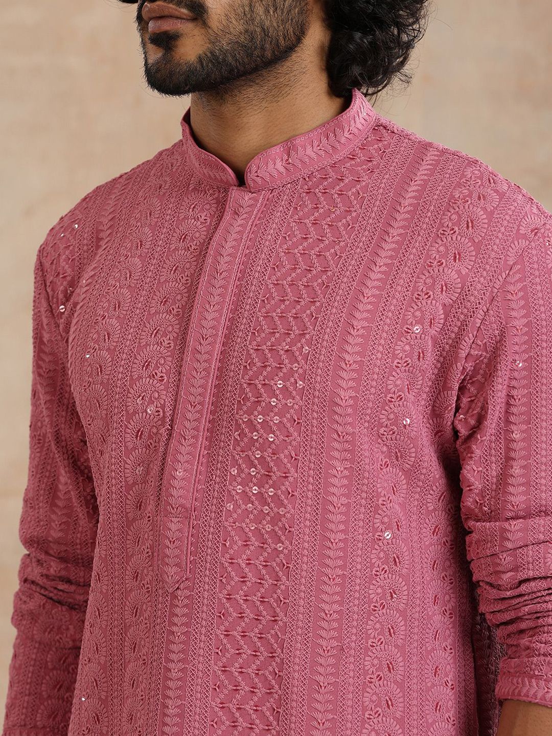 House of Chikankari Men Mauve Rayon Sulam Kurta