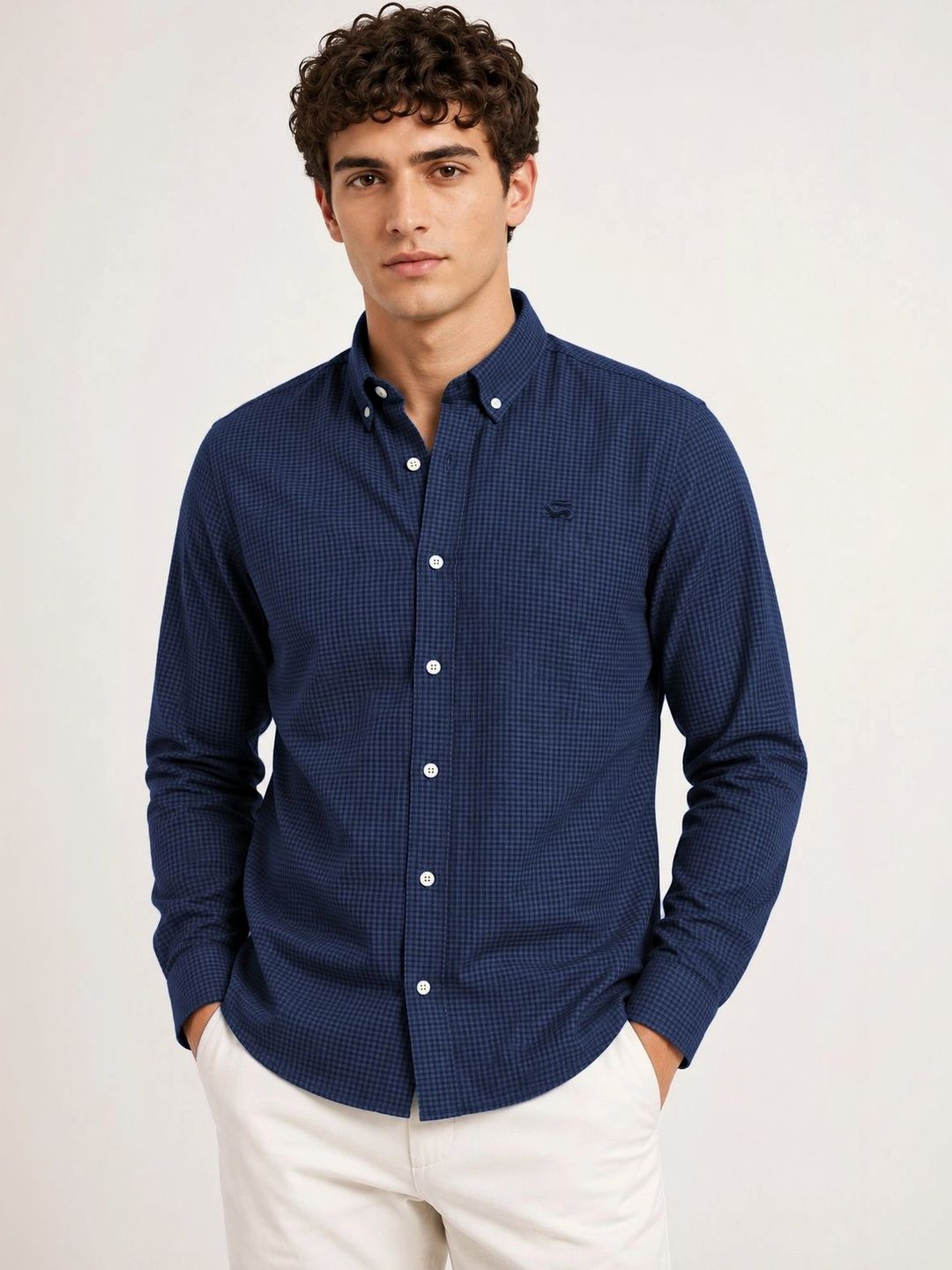 ADRO Men Navy Blue Mini Checked Regular Fit Casual Cotton Shirt