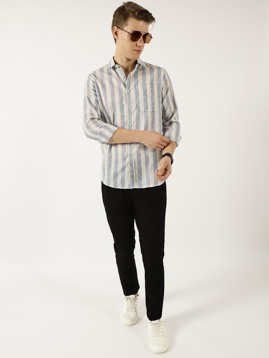 Thomas Scott Men Classic Spread Collar Vertical Striped Linen Slim Fit Casual Shirt