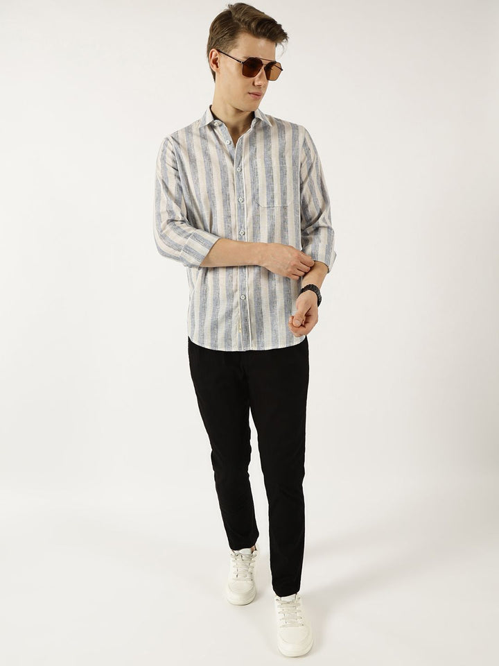 Thomas Scott Men Classic Spread Collar Vertical Striped Linen Slim Fit Casual Shirt