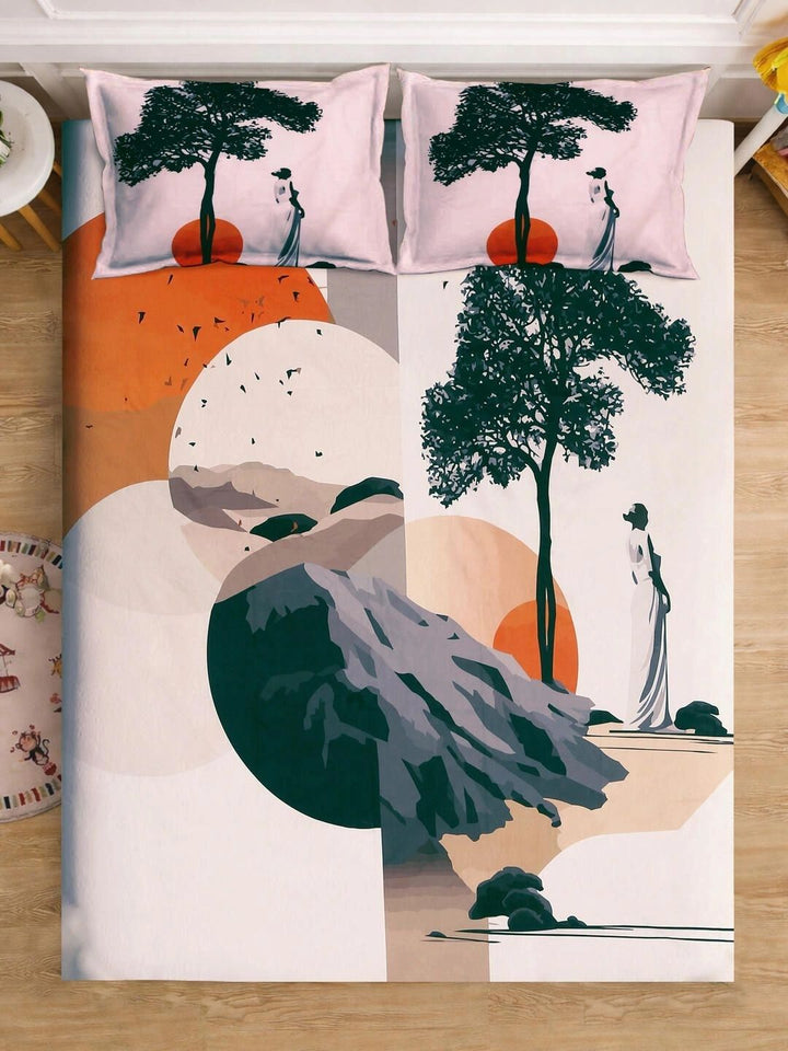 KLOTTHE Cream & Orange Abstract Printed Dilengkapi 400 TC King 7D Cadar dengan 2 Sarung Bantal